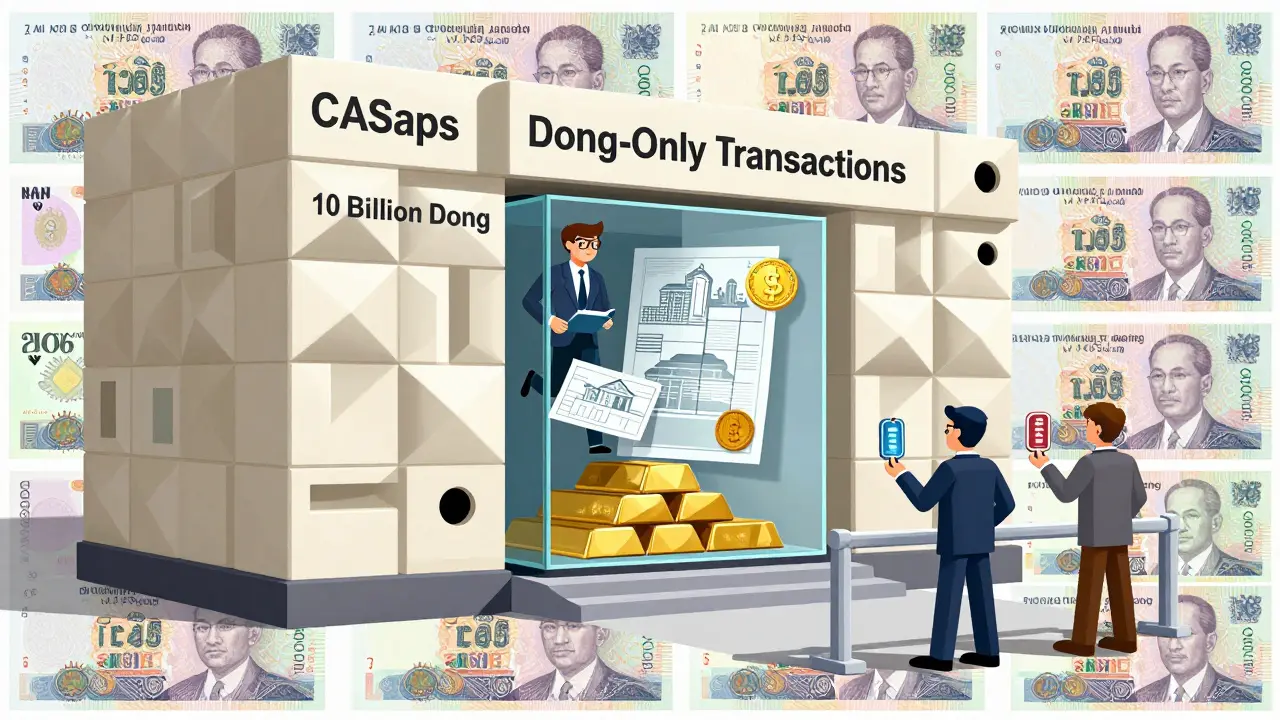 Un bâtiment gouvernemental avec des blocs géométriques symbolisant les règles du crypto au Vietnam, en style Bauhaus.