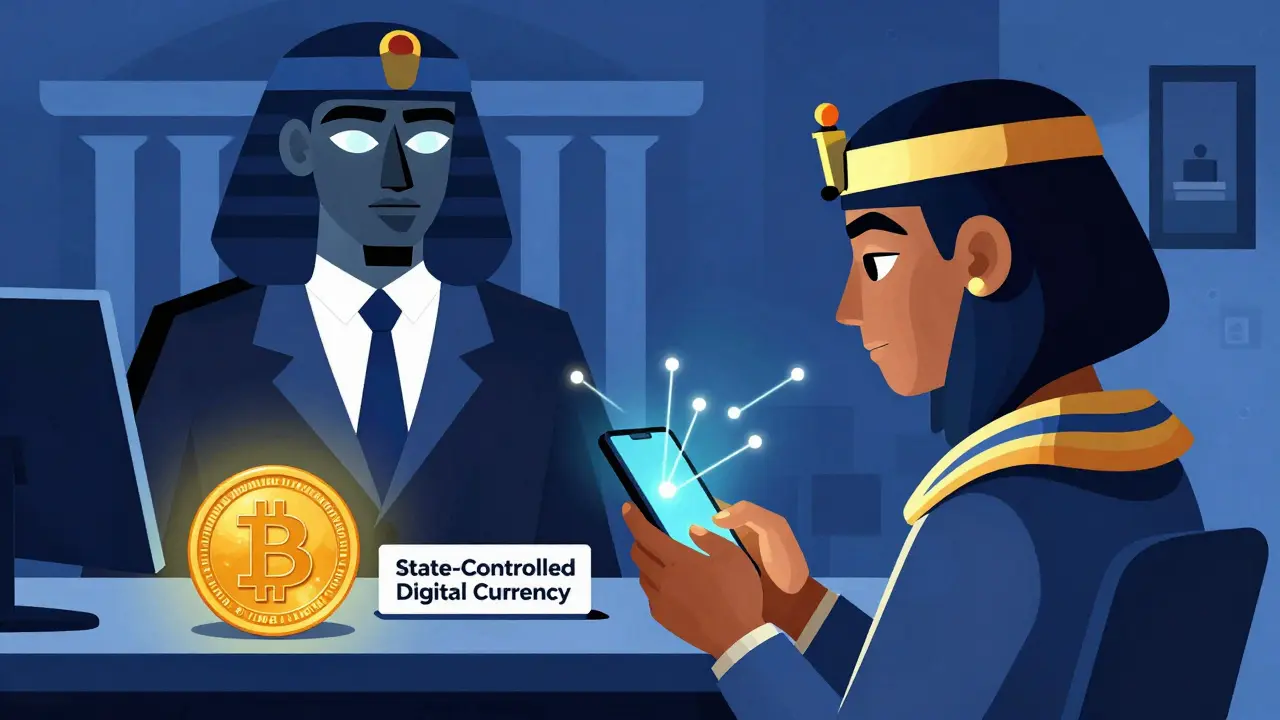 Un citoyen envoie discrètement des bitcoins, surveillé par la Banque centrale, avec une monnaie numérique étatique qui brille en arrière-plan.