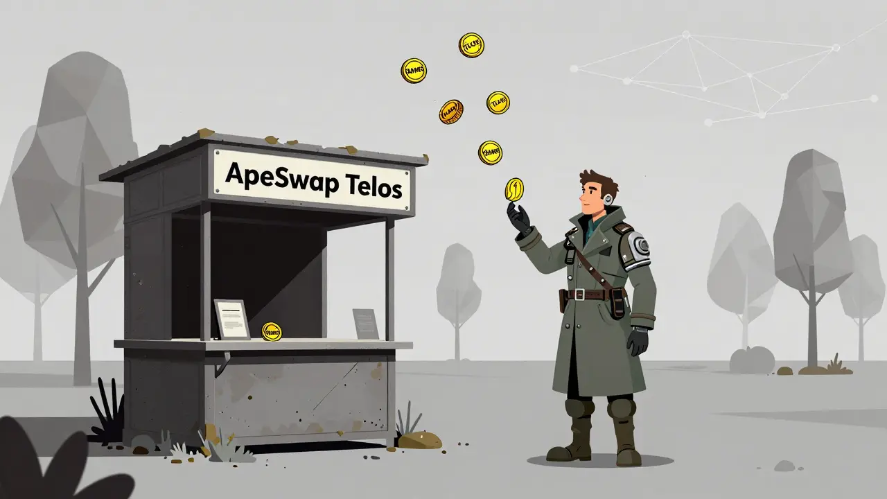 Un explorateur seul face à un kiosque DEX abandonné sur Telos, avec des jetons flottant dans le vide.