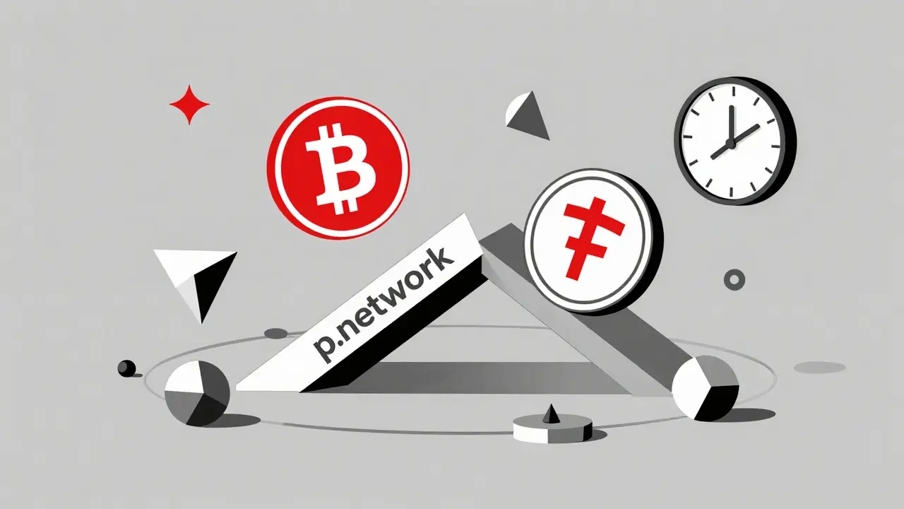 Un pont géométrique reliant Bitcoin et USDT, entouré de nœuds validateurs en mouvement, avec un affichage de 2 secondes.