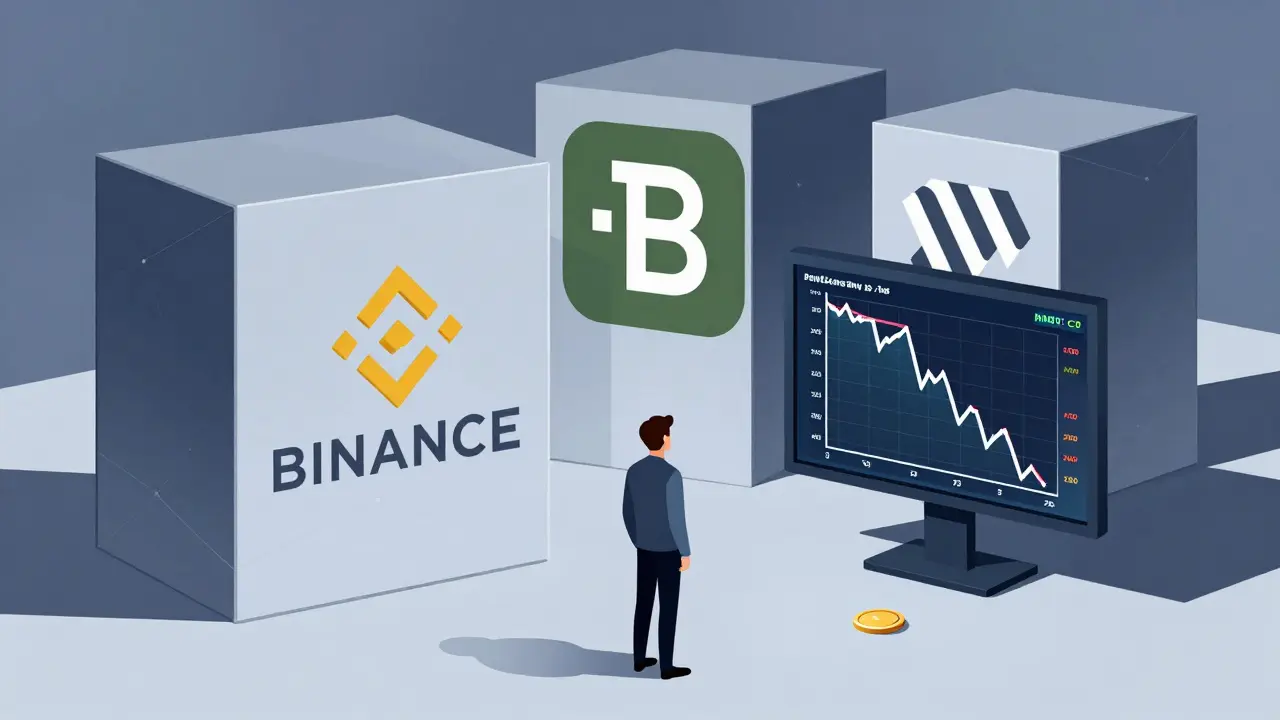 Un trader regardant un graphique en chute libre, entouré de logos en formes géométriques froids.