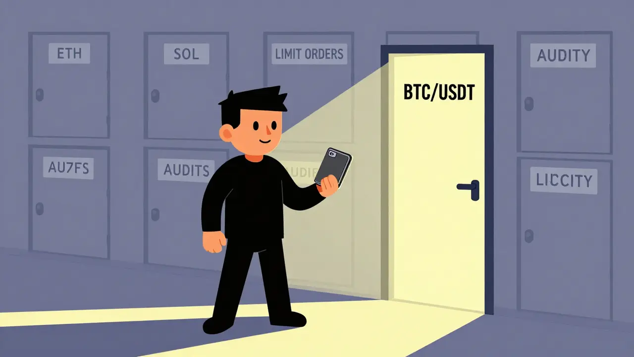 Un utilisateur avec un portefeuille Bitcoin face à des portes fermées, une seule ouverte vers BTC/USDT, dans un style géométrique minimaliste.