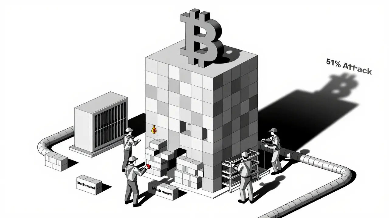 Une chaîne Bitcoin en construction où des mineurs remplacent les récompenses par des briques plus petites, avec des systèmes de refroidissement et de location de puissance.