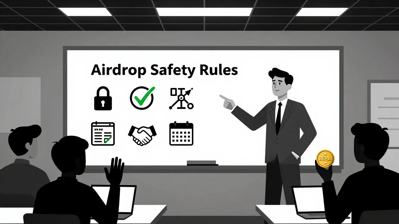 Une classe avec une affiche de sécurité pour les airdrops, des icônes claires et des élèves stylisés sous un éclairage angulaire.