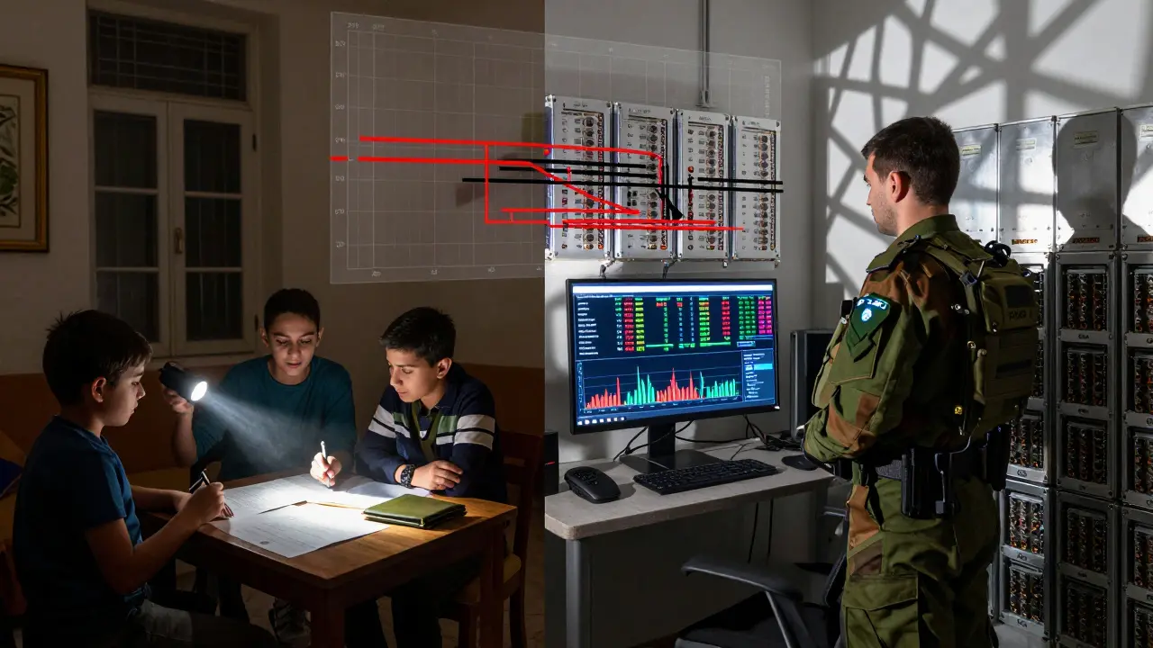 Une famille à la lampe de poche à gauche, un officier IRGC surveillant des mines de Bitcoin à droite, dans un style Bauhaus géométrique.