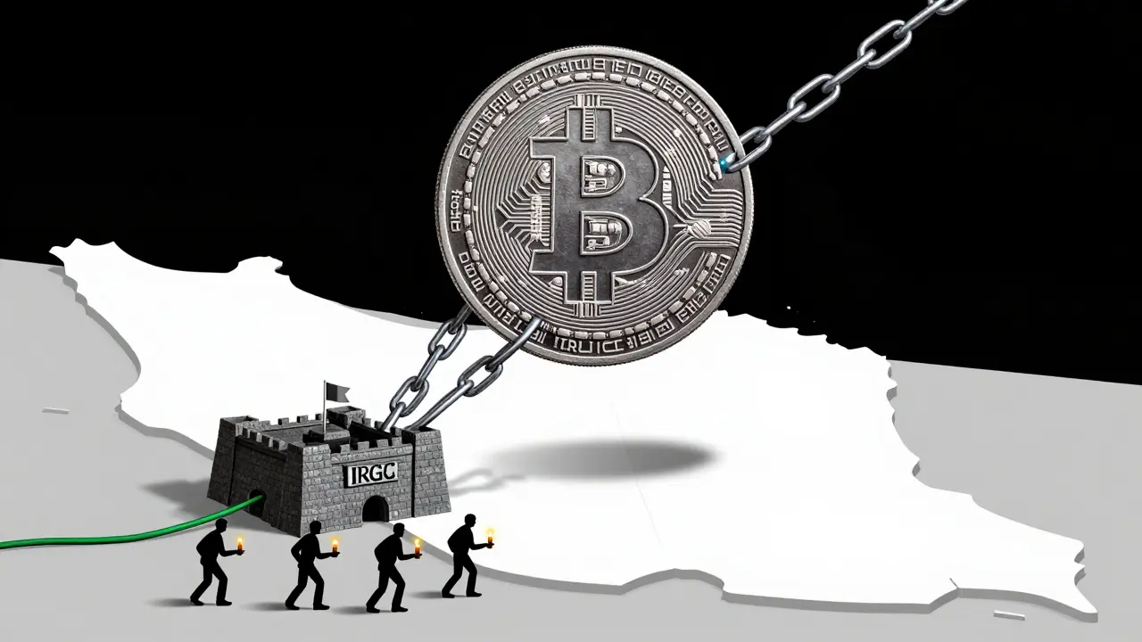 Une pièce de Bitcoin en acier liée à une forteresse militaire par des câbles électriques brisés, au-dessus d'Iran en silhouettes sombres.