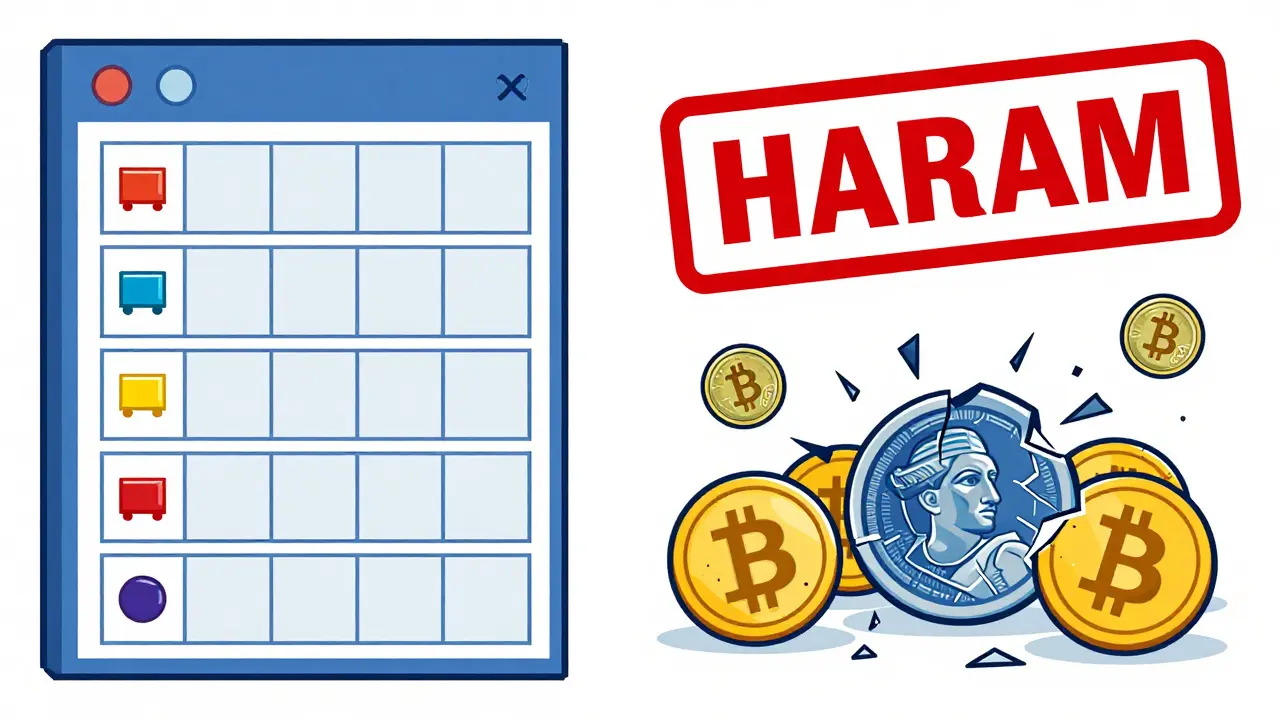 Une scène divisée : une chaîne d'approvisionnement blockchain à gauche, des cryptos interdites à droite, sous un tampon 'HARAM' en style Bauhaus.