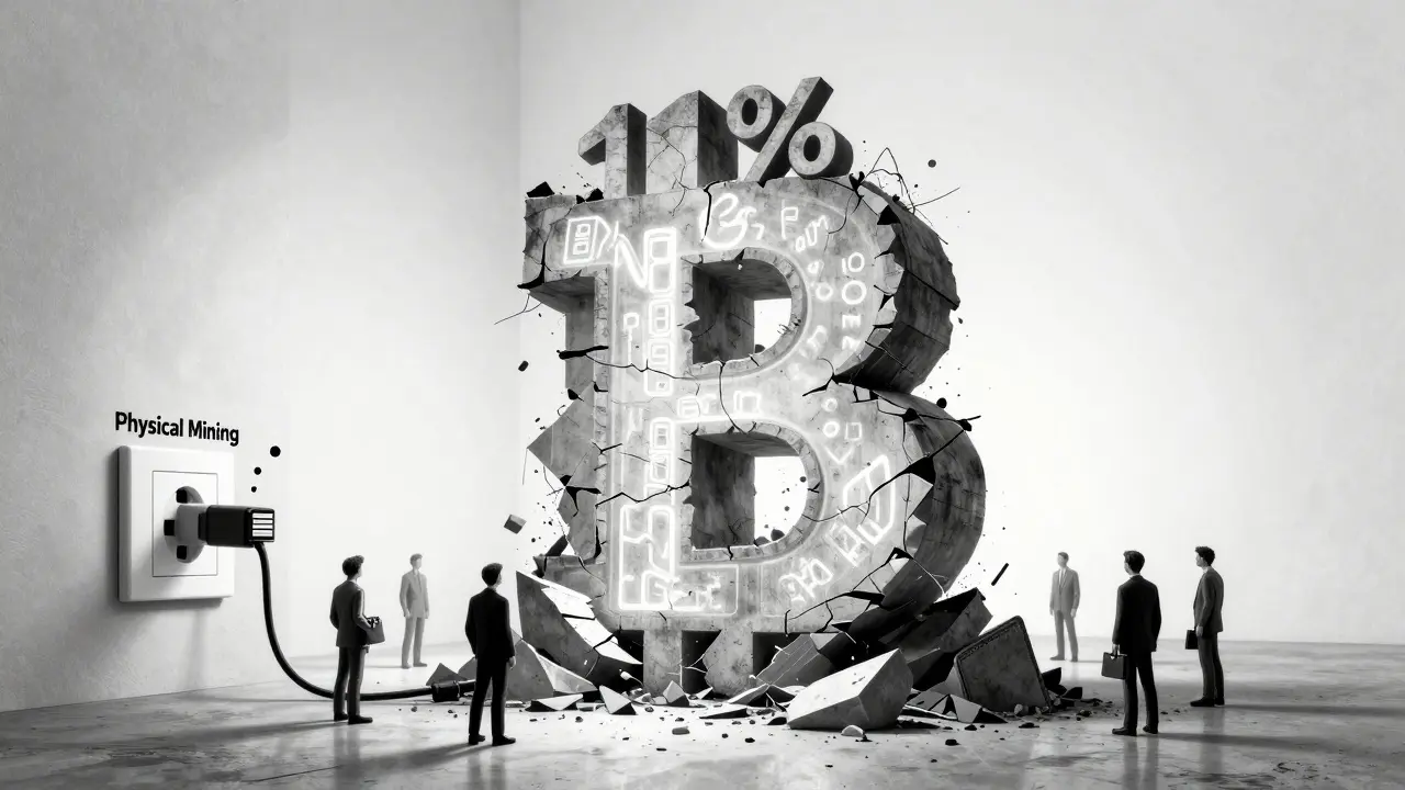 Une tour massive de jetons NMBTC en ruine, avec une tentative futile de minage physique.