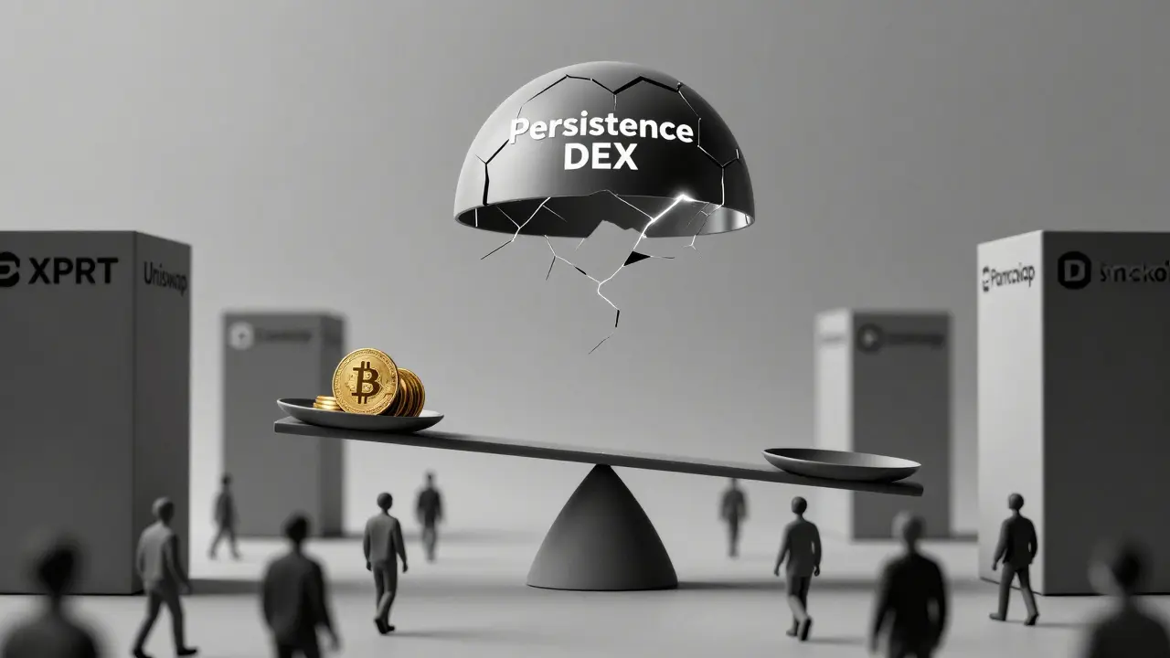 Balance fragile symbolisant la vulnérabilité de Persistence DEX face aux grands échanges décentralisés, style Bauhaus.