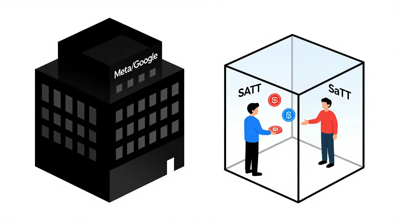 Comparaison entre une entreprise traditionnelle et SaTT, en style géométrique minimaliste.