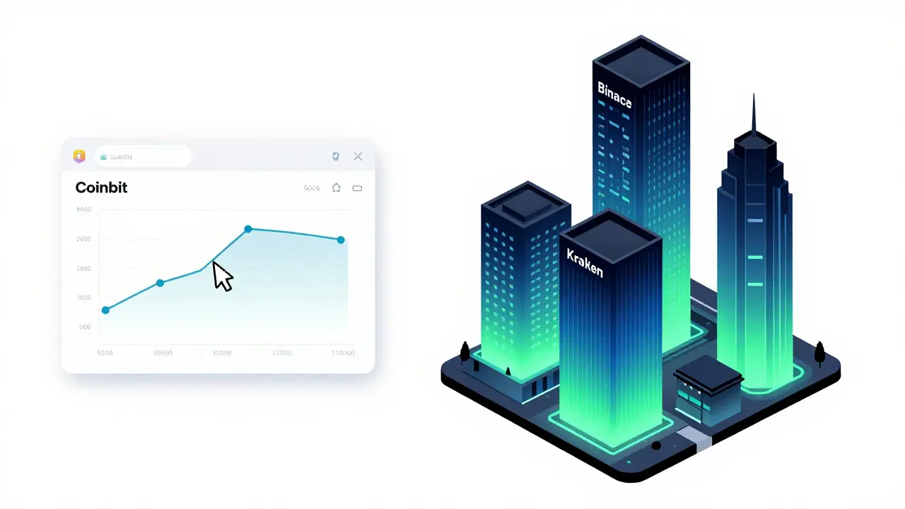 Contraste entre Coinbit abandonné et les grands échanges de cryptomonnaies, style Bauhaus.