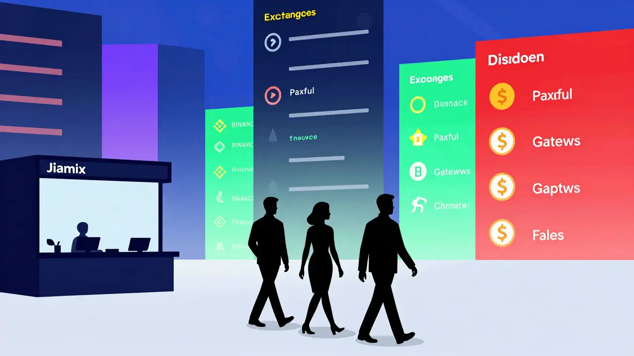 Des traders quittant une exchange morte tandis que d'autres prospèrent à l'arrière-plan.