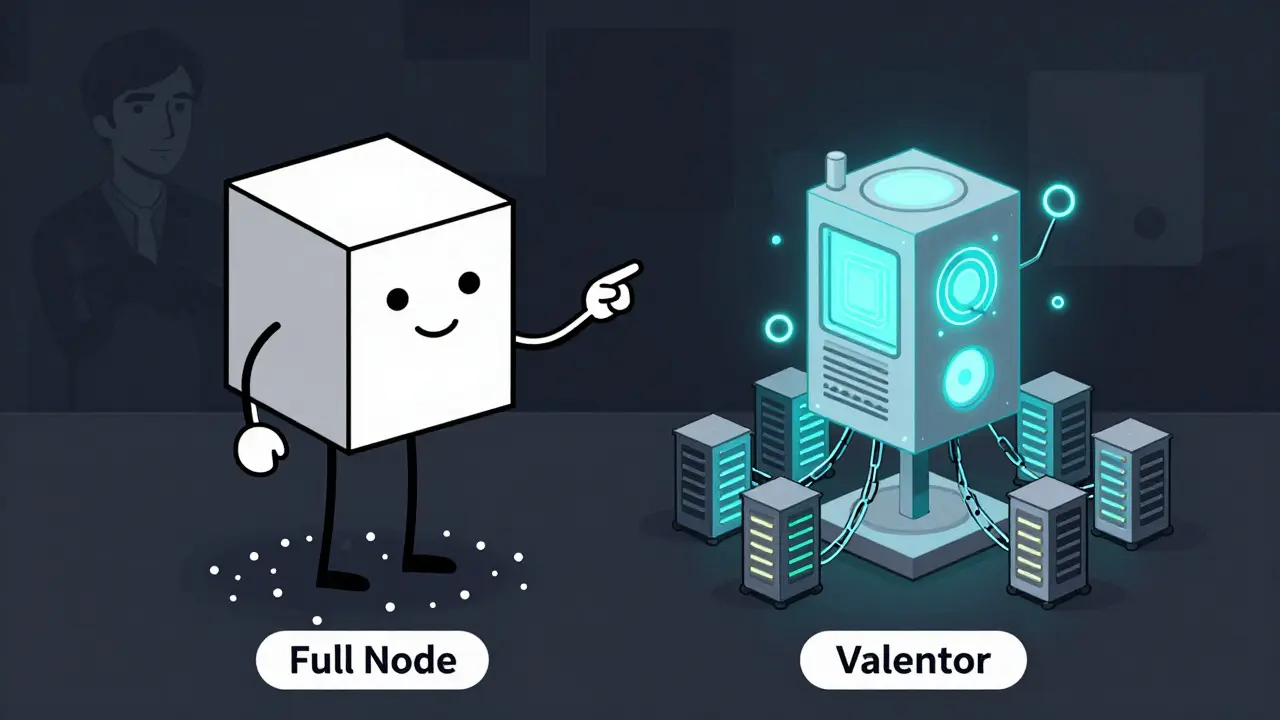 Deux figures géométriques : un nœud complet solide et un nœud validateur centralisé, avec une silhouette de Vitalik Buterin.