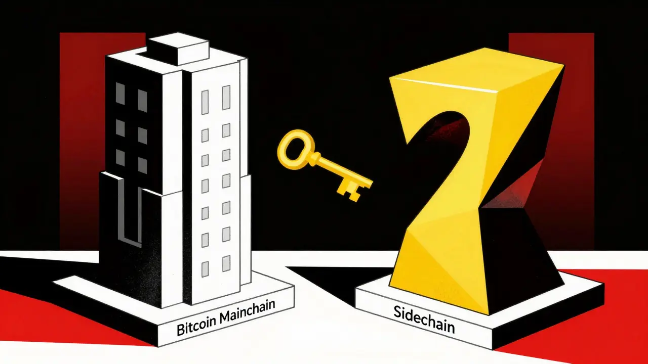 Deux tours géométriques : la chaîne principale Bitcoin et une sidechain dynamique, reliées par un symbole clé dorée.