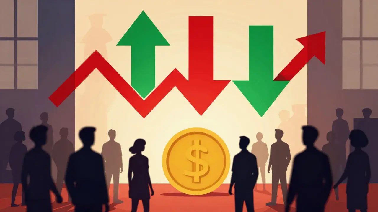 Graphique stylisé montrant la volatilité du marché et des silhouettes communautaires.