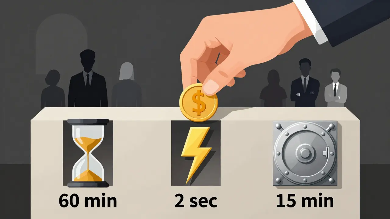 Main déposant une pièce dans trois slots avec temps de finalité différents, en style Bauhaus minimaliste.