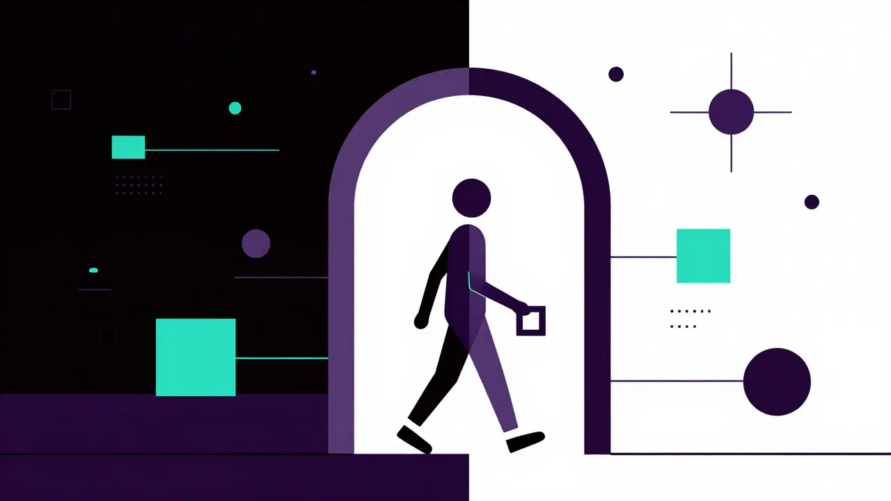 Personne géométrique passant sous un arc architectural moderne.