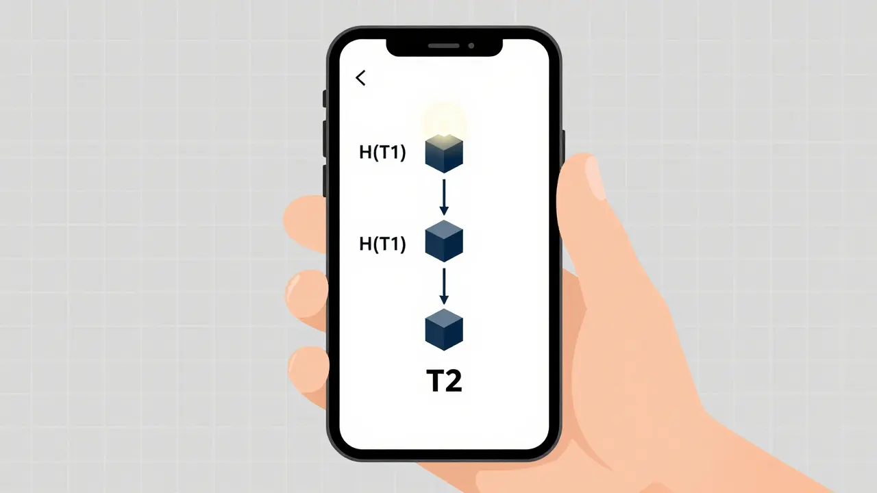 Portefeuille léger sur smartphone vérifiant une transaction grâce à une preuve de Merkle en trois étapes.