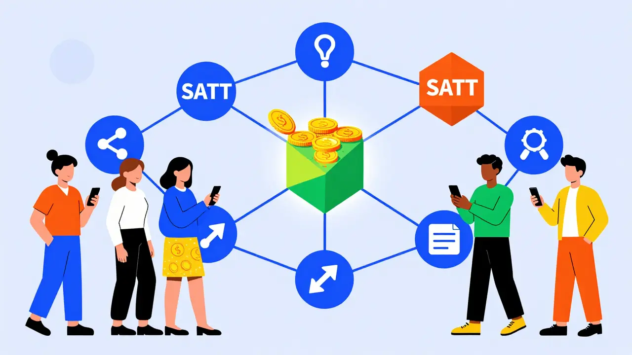 Réseau blockchain géométrique distribuant des tokens SATT à plusieurs personnes.