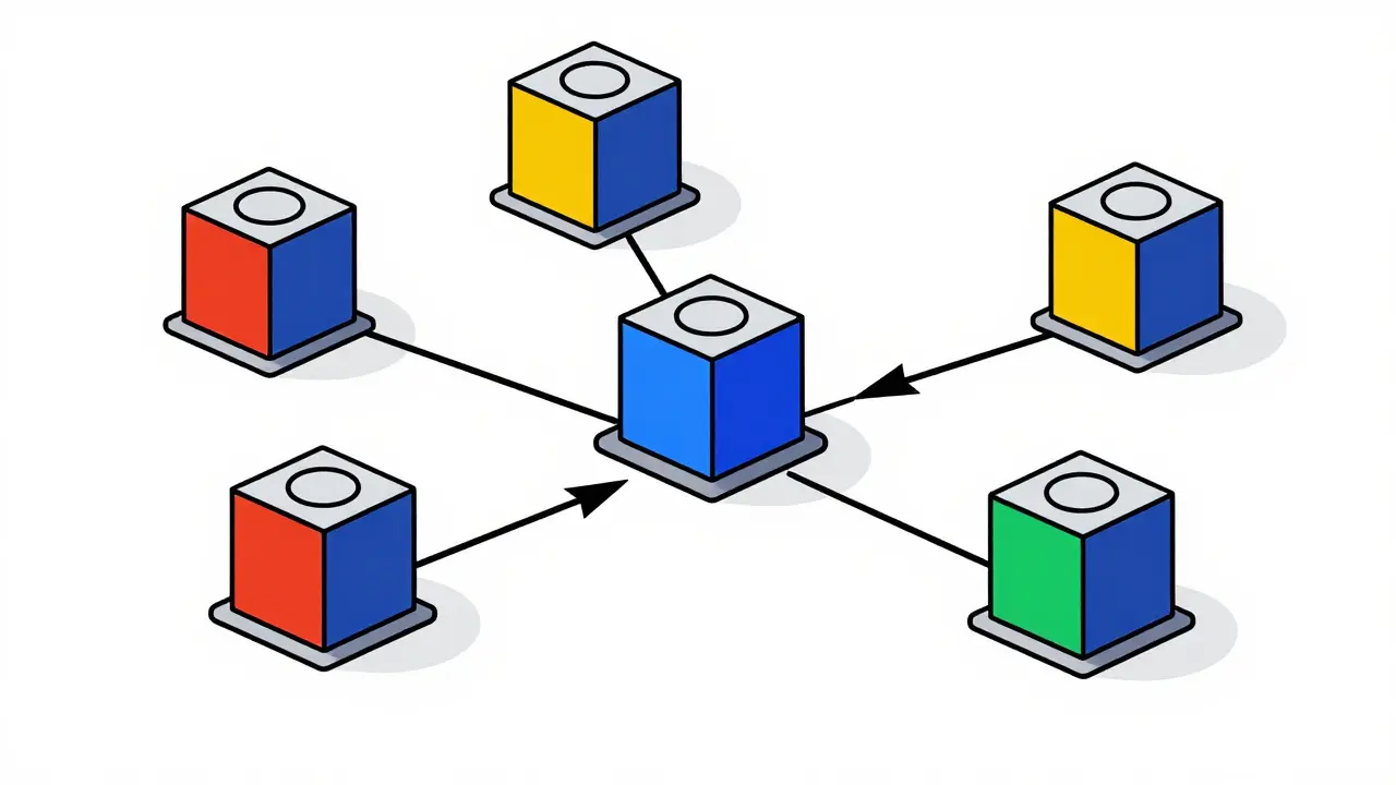 Réseau blockchain montrant des blocs envoyant uniquement des preuves de Merkle au lieu de données complètes.