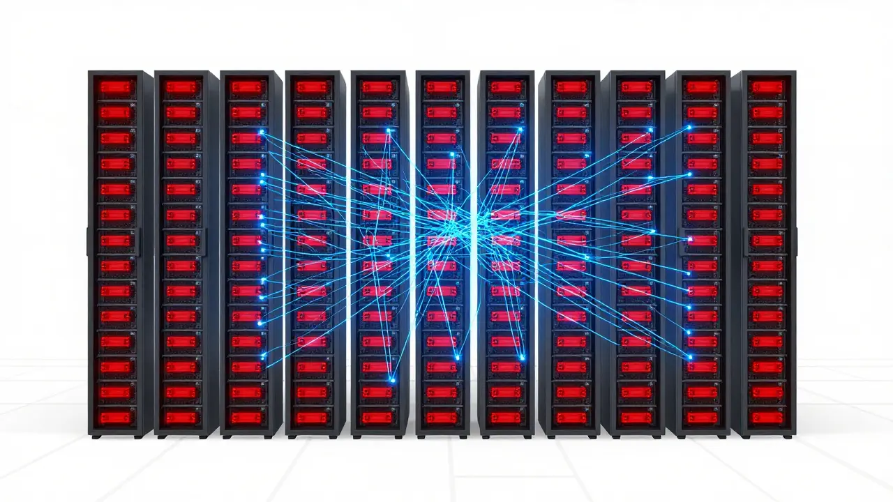 Réseau de 100 nœuds avec des connexions complexes en forme de toile, illustrant la complexité O(n²) du pBFT.