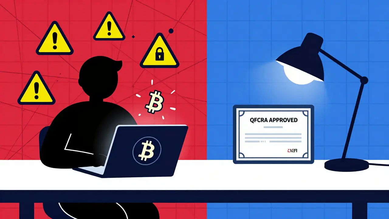 Scène divisée : d'un côté un usage illégal de Bitcoin, de l'autre un jeton d'actif légal sous une lampe géométrique.