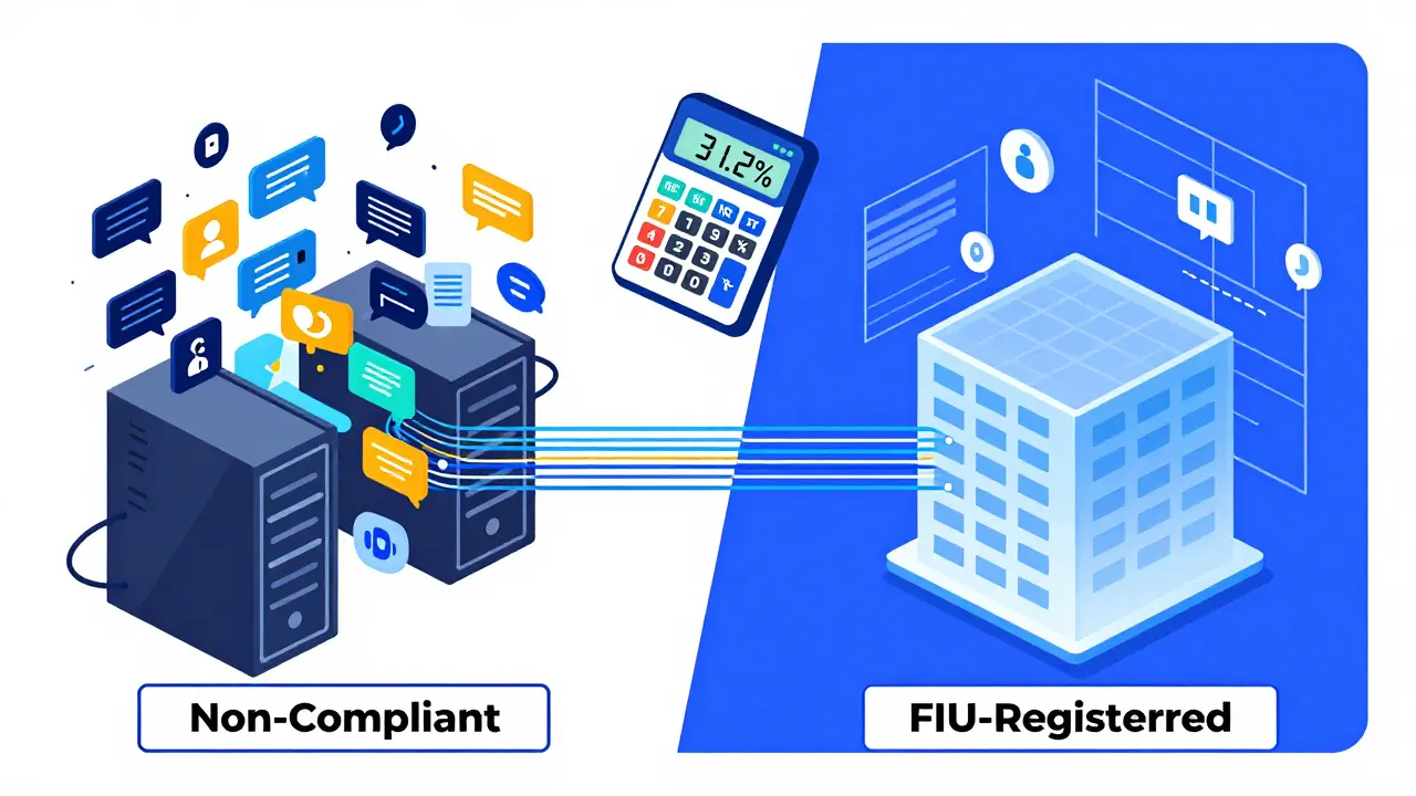 Split scene: chaotic data flows to overseas server vs. orderly streams into compliant Indian exchange with tax calculator hovering.