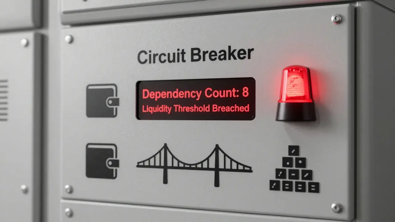 Tableau de bord industriel avec lumières d’alerte rouge et indicateurs de dépendance critique en DeFi.