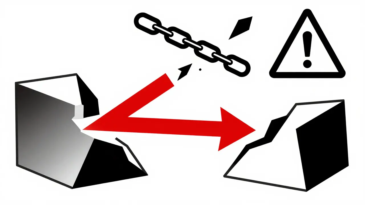 Transaction traversant deux shards avec une chaîne rompue et un triangle d'avertissement.