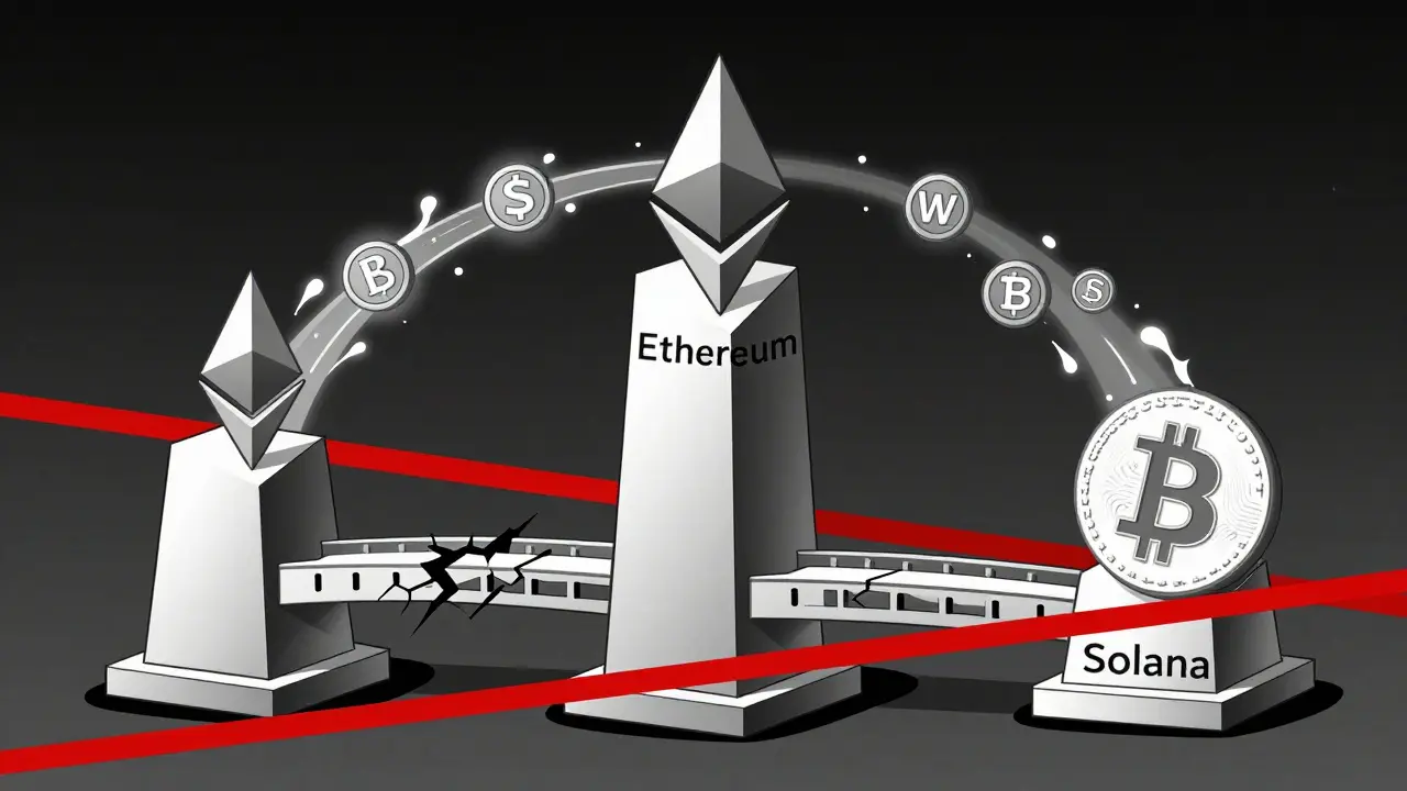 Trois chaînes blockchain connectées par des ponts fragiles, dont un est cassé, avec Ethereum dominant en taille.