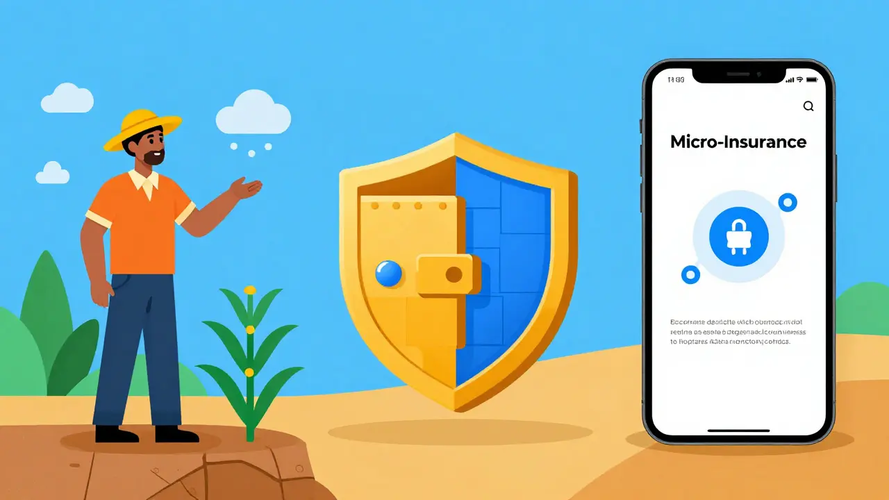 Trois modèles d'assurance blockchain : une récolte protégée, un portefeuille crypto sécurisé, et une assurance micro dans un village kenyan, représentés en formes géométriques.