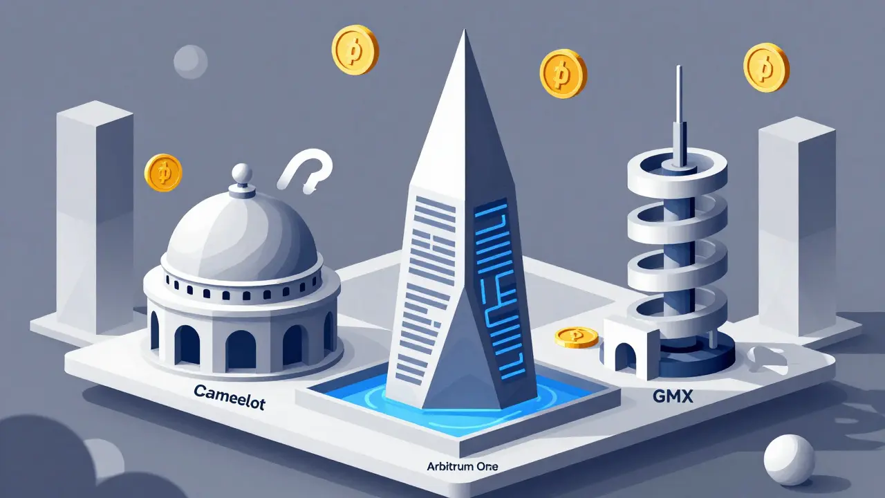 Trois plateformes DEX stylisées en formes géométriques sur la plateforme Arbitrum One, avec des flux de tokens entre elles.