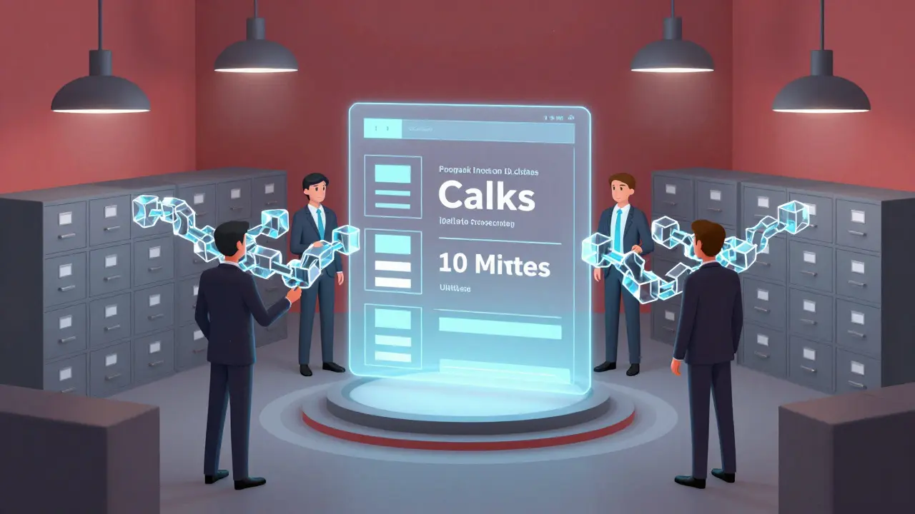 Un bureau d'assurance moderne où les chaînes de blocs transparentes remplacent les classeurs, avec un affichage en temps réel des sinistres traités en minutes.