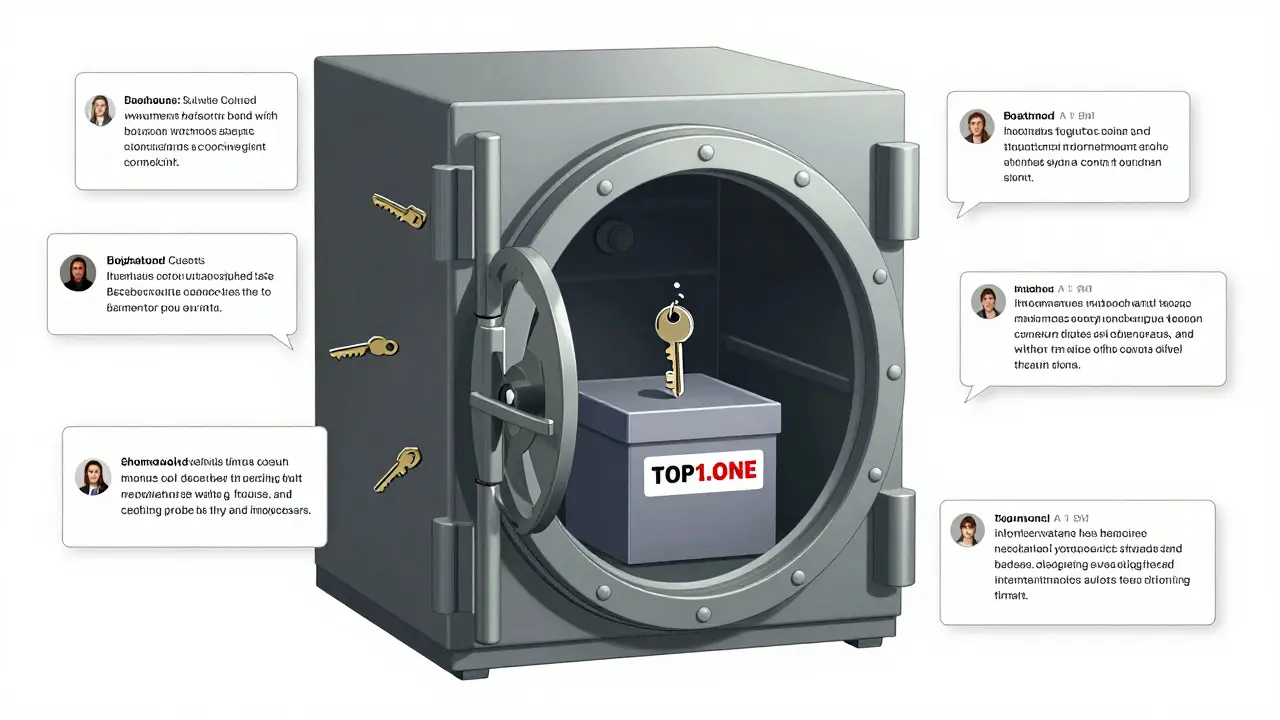 Un coffre-fort sécurisé contre une boîte numérique fragile étiquetée TOP1.ONE, avec des avis dupliqués autour.