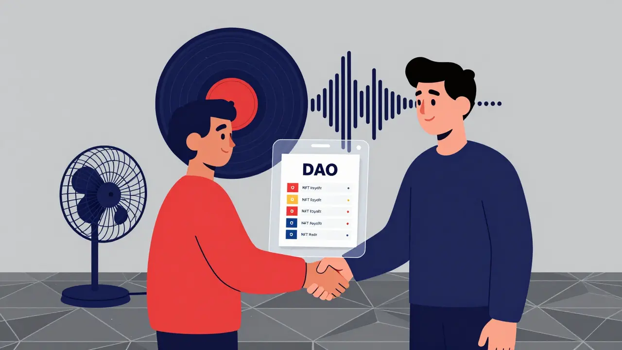 Un fan et un artiste échangent sur une interface DAO de partage de royalties, dans un décor géométrique Bauhaus aux tons bleus et rouges.