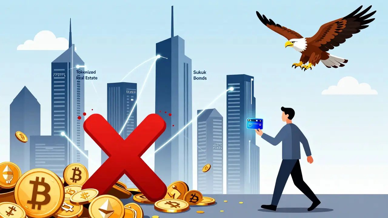 Un paysage financier de Doha avec des jetons d'actifs légaux et un X rouge sur les cryptomonnaies, un citoyen avançant vers l'innovation régulée.