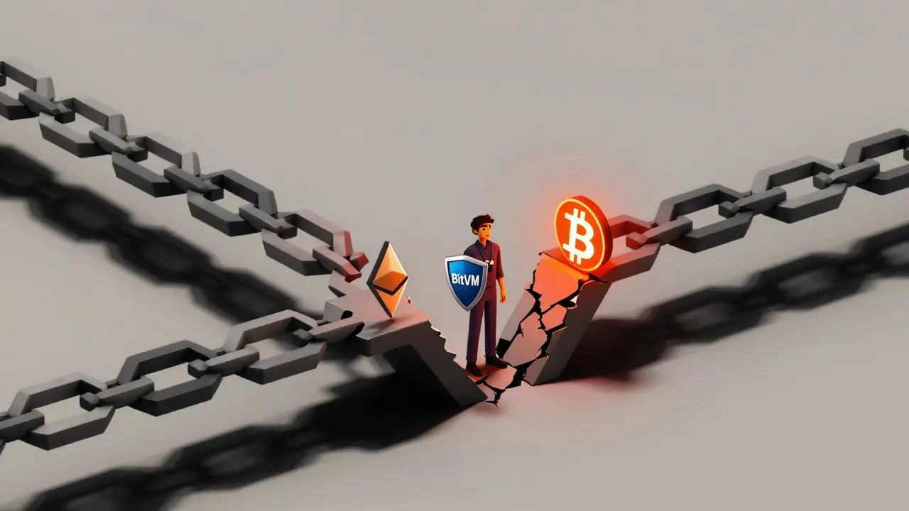 Un pont géométrique cassé entre deux blockchains, un ingénieur tient un bouclier BitVM, symbolisant un risque de sécurité.