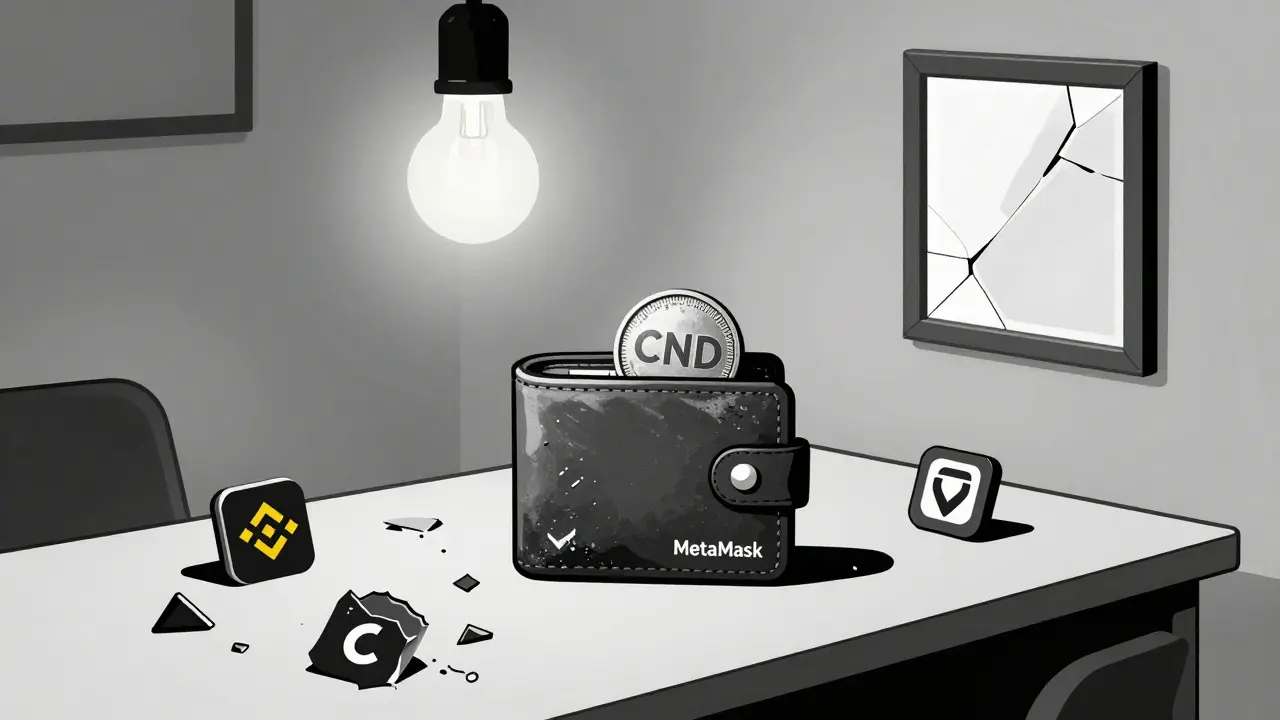 Un portefeuille MetaMask vide avec un seul jeton CND à l'intérieur, sur un bureau abandonné.