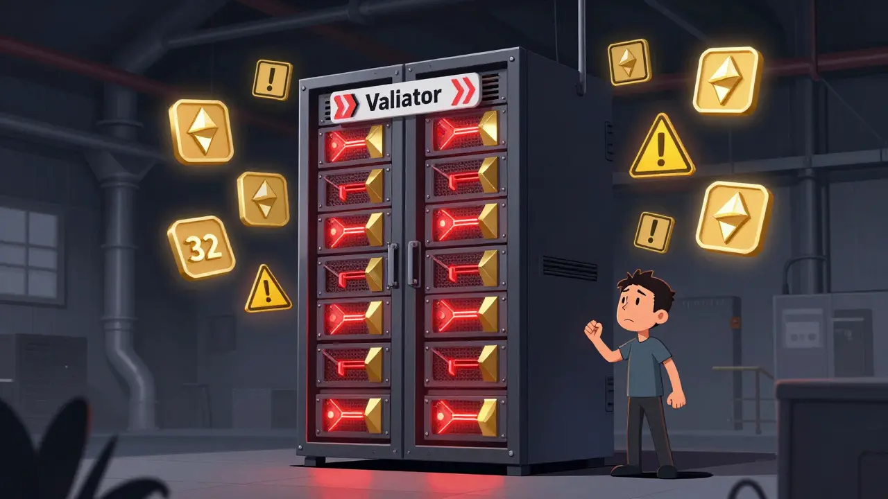 Un serveur industriel avec des symboles ETH flottants et un avertissement de slashing, représentant un nœud validateur.