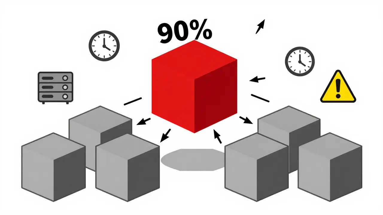 Un shard surchargé en rouge reçoit 90 % du trafic, les autres sont inactifs.