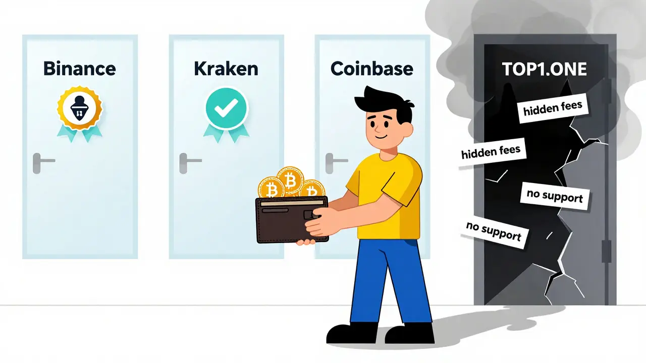 Un trader face à trois portes sécurisées d'échanges réputés, tandis qu'une porte cassée émet de la fumée noire.