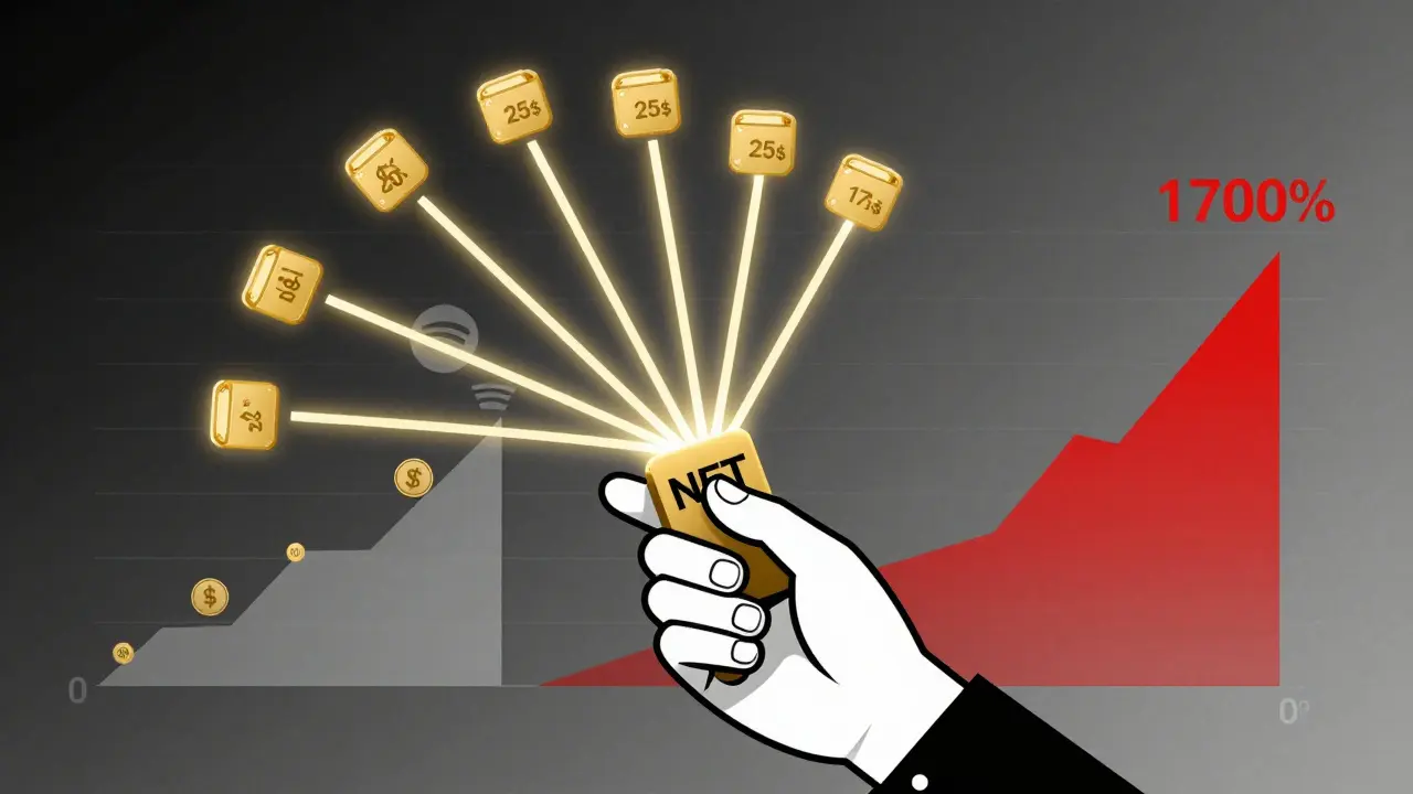 Une main tenant un NFT musical qui se divise en 17 chemins de revente, avec des montants de royalties en chiffres, style Bauhaus.