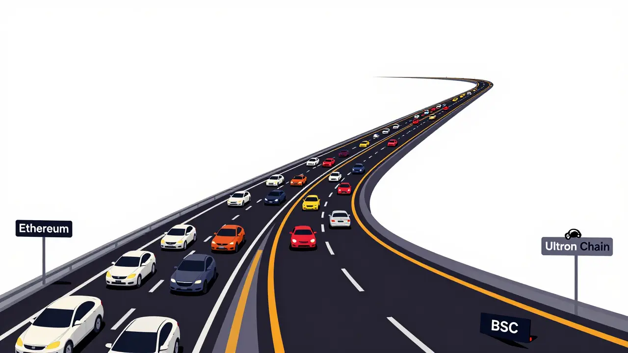 Une route numérique isolée Ultron contrastée avec des autoroutes animées d'autres DEX.