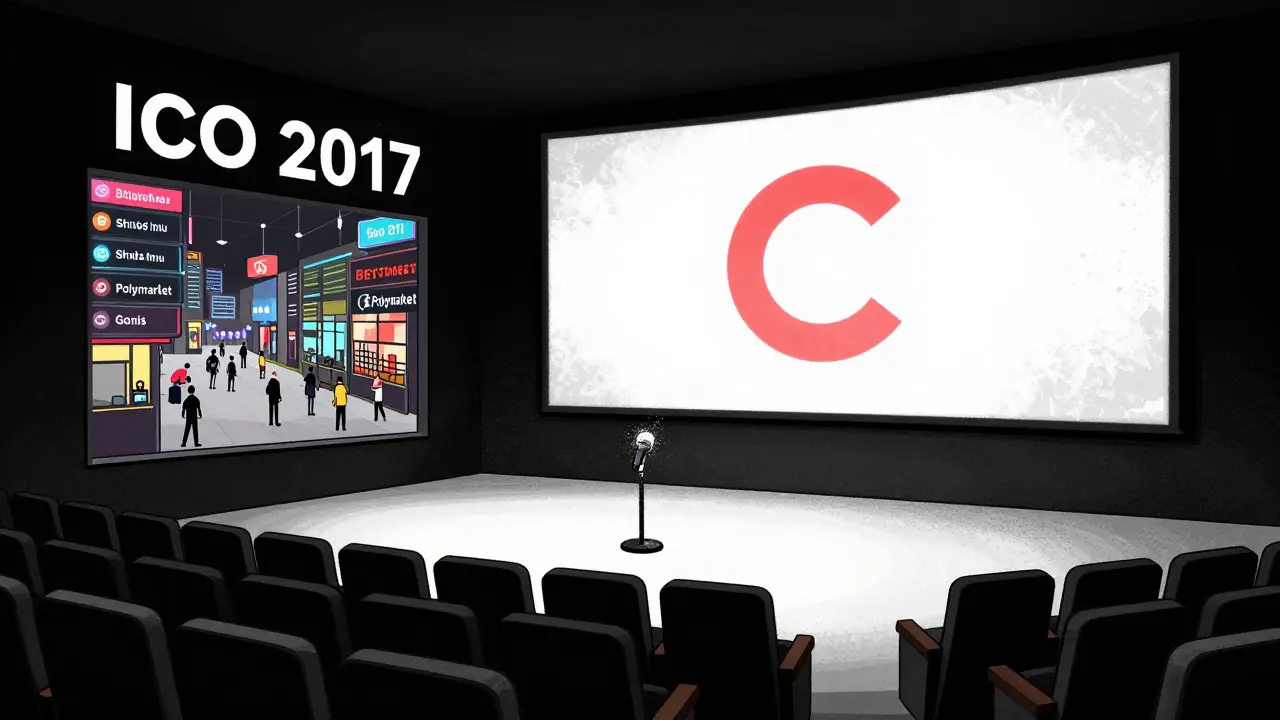 Une salle d'auditoire vide avec le logo Cindicator en projection, tandis que le monde crypto continue sans lui.