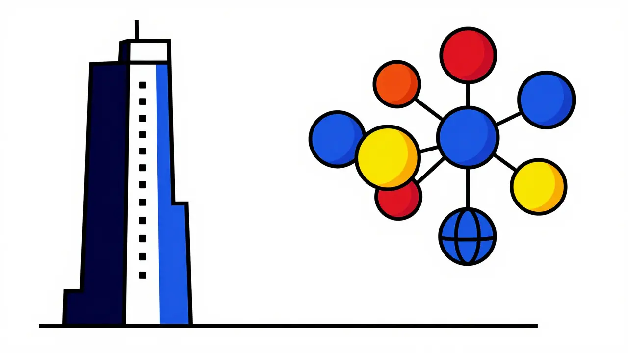 Une tour isolée face à un réseau de nœuds géométriques interconnectés.