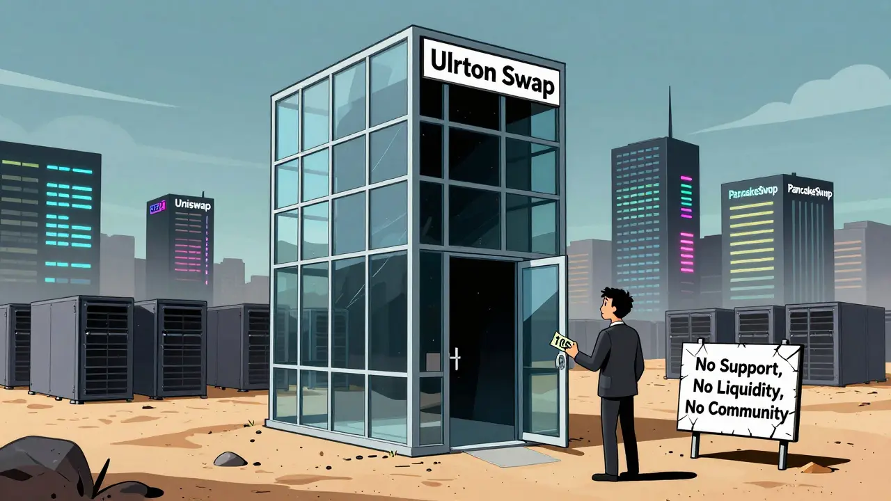 Une tour Ultron Swap déserte, entourée de centres de données actifs, un utilisateur hésitant devant la porte.