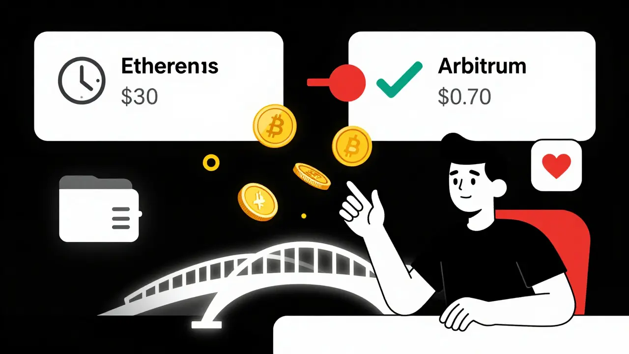 Utilisateur effectuant un swap rapide sur Arbitrum, comparé à une transaction lente et coûteuse sur Ethereum, sans texte visible.