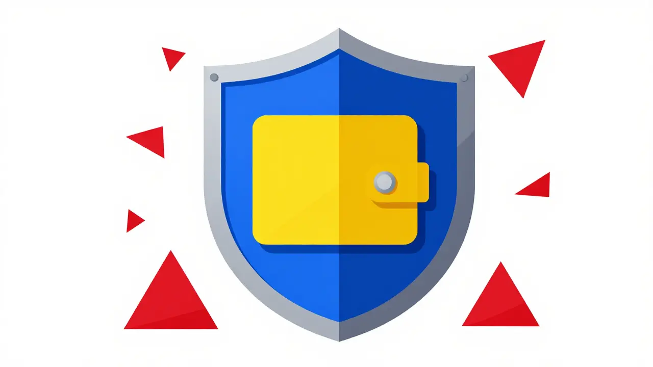 Bouclier géométrique style Bauhaus protégeant un portefeuille numérique.