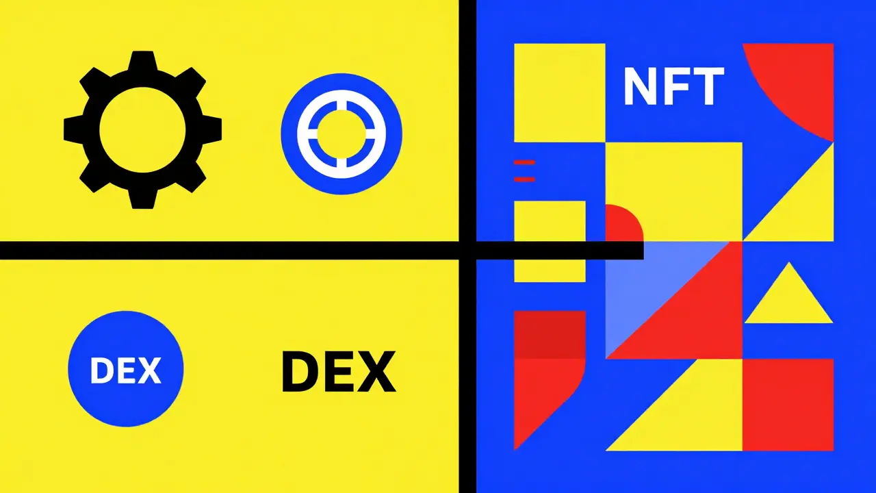 Composition Bauhaus abstraite liant un moteur de trading à un marché de NFT géométrique.