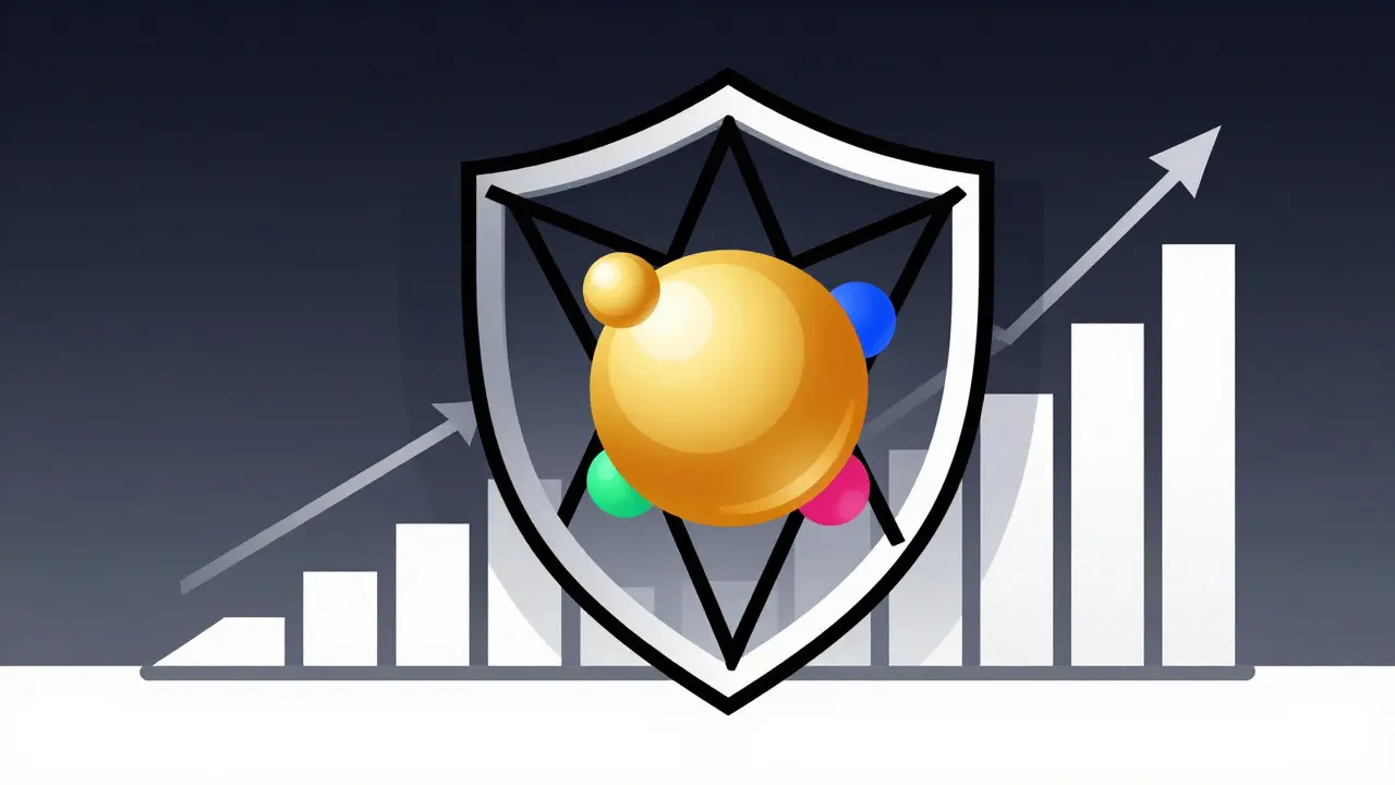 Composition Bauhaus d'un bouclier géométrique protégeant des jetons cryptographiques.